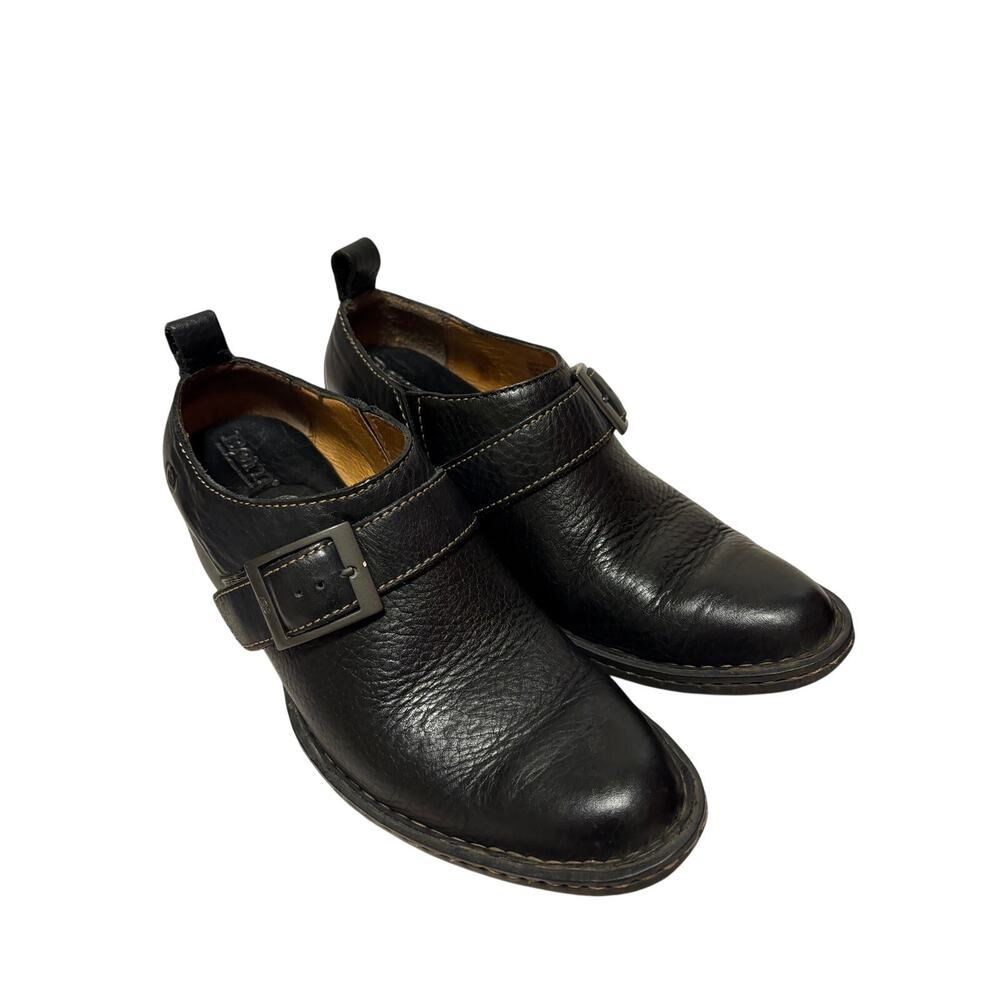 Born Black Leather Buckle Slip On Comfort Shoes Women’s Size 7 Chunky Heel